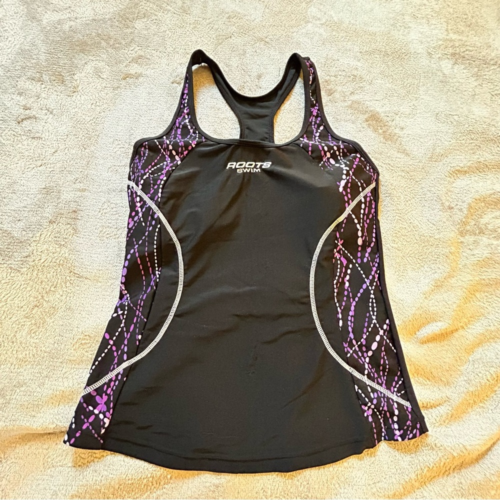 Roots black purple white tankini Size 8